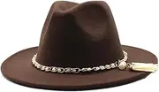 [Dcvmvmn] Men and Women Classic Fedora Hat with Pearl Tassel Chain Woolen Jazz Hat Big Brim Hat Flat Panama Hat, 017, One Size