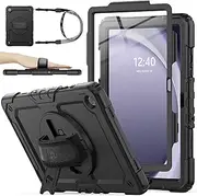 [SEYMAC stock] 360° Hand Strap/Stand Protective Case for Samsung Galaxy Tab A9 Plus 11 inch, Black+Black
