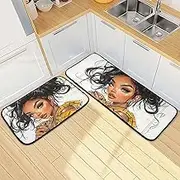 XYMZR Kitchen Mat Woman African Cool for Floor, 2 Piece, Non Slip Washable Kitchen Rugs for Kitchen & Home Decor, Sink, Bathroom 19.7” x 27.6” + 19.7” + 47.2”