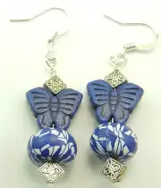 Blue & White Polymer Clay & Royal Blue Howlite Butterfly Earrings Handmade