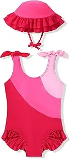 [Ochine] Toddler Girls Swimsuit Ruffle Color Block Bathing Suit Baby Girl Summer Beach Bikini Bowknot One-Piece Swimwear with Sun Hat