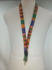 African Kente Lanyard Keychain Authentic Cloth, Gold Swivel Hook Clasp