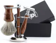 Mens Luxury Wood Shaving Kit Safety Razor Black Badger Hair Shaving Brush Stand
