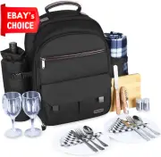 Picnic Backpack for 2 with Insulated Cooler Blanket Complete Set Outdoor Black