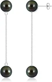 [Angara] Tahitian Cultured Pearl Long Chain Drop Earrings in Sterling Silver/14ct Solid Gold for Women | June Birthstone Jewellery