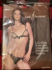 2 PC. Ribbon Woven Chain Trimmed Mesh Bikini Top and Thong Set