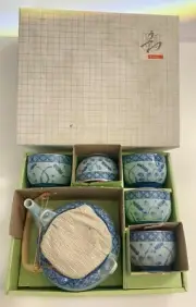 Arita Hijiriyama Teapot Set with 5 Matching Teacups Blue Floral ( New )