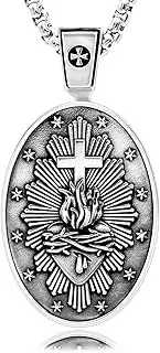 [VENICEBEE] Sacred Heart Cross Jesus Christ Divine Love Flame Devotional Medal Christian Amulet Unique Solid 925 Sterling Silver Pendant Necklace + Velvet Pouch, Polishing Cloth, Fine Gift Box, One