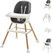 Wooden Baby High Chair, 5 in 1 High Chair/Low Chair/Baby Booster with 2Pcs Trays&Pu Cushion(Gray)
