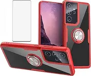 Phone Case for Samsung Galaxy S21 Ultra Glaxay S21ultra 5G with Tempered Glass Screen Protector Clear Cover and Stand Ring Holder Slim Hard Cell Accessories Gaxaly 21S S 21 21ultra G5 Cases Men Red