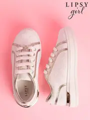 Lipsy White Canvas Slim Flat Sole Stripe Gum Outsole Trainers (AK2040) | $58 - $67