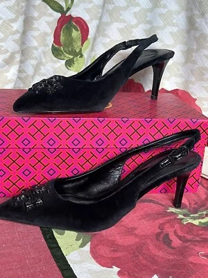 Tory Burch Women's Eleanor Pave Pointed Toe Slingback Pumps / Black/US 8M/$398