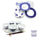 【西海陶器】日本輕量瓷波佐見燒5入飯碗組+5入多用盤組-藍丸紋