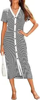 [BTFBM] Women Casual Summer Dresses Short Sleeve Striped Midi Dresses Decorative Button Ribbed Knit Dresses Party Dresses
