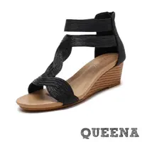 在飛比找momo購物網優惠-【QUEENA】楔型涼鞋 T字涼鞋/金屬線繩纏繞T字造型坡跟