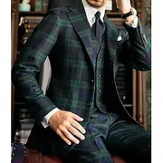 Dark Green Men's Wedding Suits Plaid Checkered 3 Piece Tailored Fit Single Breasted Two-buttons