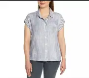 Orvis Top Linen Blend Women’s XL Short Sleeve Shirt Blue Stripe Lightweight Blue