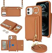 SunYoo for iPhone 12 Pro Crossbody Case with Card Holders Money Slots Zipper Coin Purse Rotatable Ring Kickstand Cover Wristlet Strap Lanyard Litchi Leather Wallet Flip Cover for iPhone12 Pro Brown