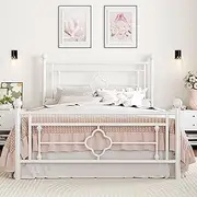 SHA CERLIN 14 Inches Queen Size Metal Platform Bed Frame/Vintage Iron-Art Headboard and Footboard/Mattress Foundation for Storage/No Box Spring Needed/Noise-Free/Easy Assembly/White