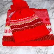 NWT BP Red pom pom beanie and warmer set floral knit print