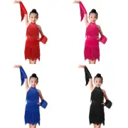 Kids Girl Latin Dance Tassel Dress Latin Tango Rumba Dress Skirt Fringed Sleeve