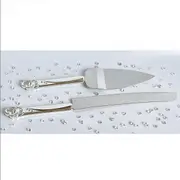 Set 2 Silver Cake Server & Knife with Sparkling Crystal Diamante Double Heart Handles