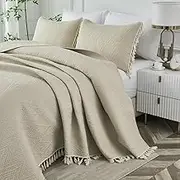 Brandream Queen Quilt Set Beige Bedspreads Cotton Elegant Shabby Chic Bphp Bohemian Quilt Bedding Set with Tassel Design 3-Piece