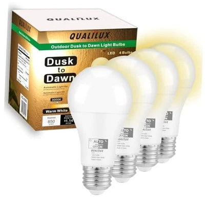Dusk to Dawn LED Light Bulbs Outdoor 850 Lumen, 60W 4 Pack Warm White