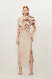 Tall Metallic Taffeta Rosette Midi Off The Shoulder Dress