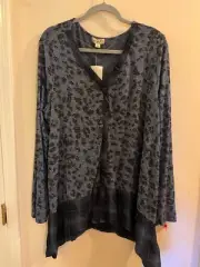 One World Top Women's XL Blue V-Neck Long Sleeve Front Button Pullover Outdoor