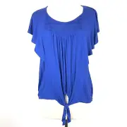 NWT Energe One World Women's L Top Blouse Lace Front Tie Butterfly Sleeve Blue