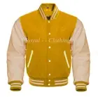 Baseball Varsity Letterman Bomber Yellow Wool & Genuine Cream Leather Sleeve