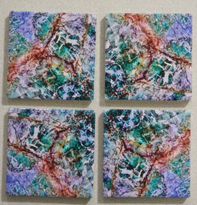 Ceramic Coaster Set M016 of 4 with Cork Pads, Holder & Printed MARBLE Pattern