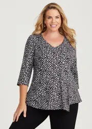 [TS] Taking Shape Mini Spot 3 / 4 Sleeve Natural Top Size 20 in Black / White Print, Viscose - Plus Size Women's Clothing Black / White Print