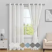 [DWCN] Sheer Linen Curtains White with Tiebacks, Eyelet Semi Blended Sheer Curtains Privacy Vertical Window Curtains & Drapes with Light Through for Bedroom Living Room, Each W132cm x D214cm, Set of 2