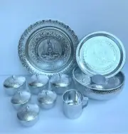 Vintage Thai Betel Nut Tray Set & Fruit Tray Silver Aluminium & 6 Bowls+Lid 1Cup