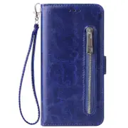 For Samsung S10 Solid Pu Leather Zipper Wallet Double Buckle Protective Case With Stand and Lanyard Blue