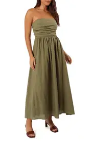 Petal & Pup Kayt Strapless Linen Blend Maxi Sundress in Olive Green at Nordstrom, Size Large