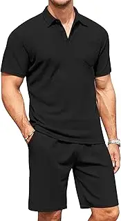 [Generic] Mens Summer Outfits Waffle Knit Polo Shirt and Shorts Set 2 Pieces Outfits Suit Casual Tracksuit with Pockets