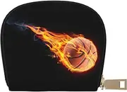 [JEJEA] Basketball On Fire Print Credit Card Holder Wallet, Small Card Holder Wallet with Zipper,Leather Card Holder, White, One Size