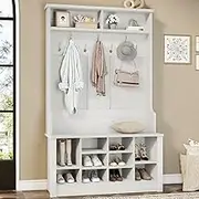 Itaar Hall Tree with Storage Bench, 3-in-1 Entryway Bench with Coat Rack, Hall Tree with Bench and Shoe Storage, Hall Tree with Adjustable Shoe Storage and Hanging Hooks, Embossed White
