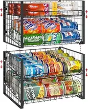 JKsmart 2-Tier Stackable Can Rack Organizer for Pantry - Adjustable Dispenser Holds Up to 62 Cans, Storage Holder for Various Ounces of Canned Food, Soda Drinks - Black, 2 Pack (Patent Pending)