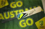 Adam Gilchrist signed Blue Puma mini cricket bat + COA & Photo proof of signing