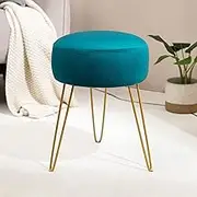 Velvet Round Stool Dressing Table Stool, Makeup Vanity Stool, Ottoman Padded Stool Metal Legs Support, Turquoise Blue