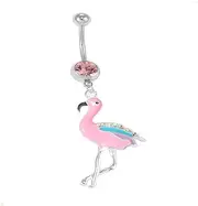 [OIDIMS] Flamingo Belly Button Ring Dangle Navel Belly Piercing Jewelry Cute Pink Cz Navel Belly Rings for Women 14g Silver Stainless Steel Dainty Dangly Dangling Belly Button Piercing, Small, Metal