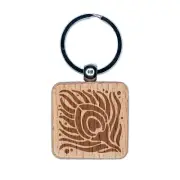 Artsy Peacock Feather Square Engraved Wood Square Keychain Tag Charm