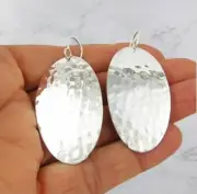 925 Sterling Silver Hammered Drop Earrings Large Oval Handmade Statement Jewelry