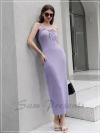 在飛比找Yahoo!奇摩拍賣優惠-長洋裝 紫丁香色抽繩打結開叉後針織細肩帶無袖 歐美時尚連衣裙