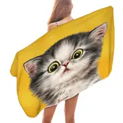 Cute Confused Kitty Cat over Yellow Microfiber Beach Towel