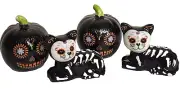 2 Sets-Los Muertos-Day Of Dead-Sugar Skull-Salt Pepper Shaker-Cat & Jack Lantern